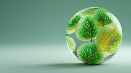 Transparent glass sphere containing vibrant green leaves, showcasing intricate details and textures, symbolizing nature's beauty and harmony in a minimalist setting