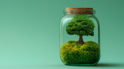 Miniature tree inside a glass jar with cork lid, surrounded by vibrant green moss, creating a serene and eco-friendly atmosphere, symbolizing nature preservation and sustainability