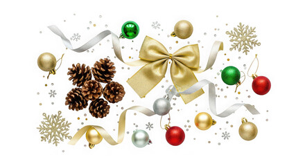 Christmas decorations pine cones ornaments bows ribbons baubles snowflakes festive elements isolated on transparent background