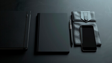 Black notebooks, a sleek smartphone, and a stylish pen arranged on a dark surface, creating a modern workspace aesthetic with minimalistic design elements