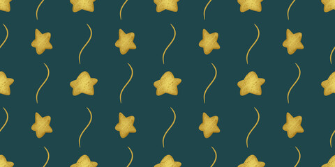 Bright yellow star shapes on dark background form a fun seamless pattern for textile design