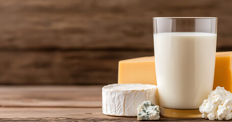 Dairy Delight: A glass of milk, alongside blocks of cheddar and a variety of cheese including brie, blue, and cottage, all set on a rustic wooden surface. A healthy and tasty treat.