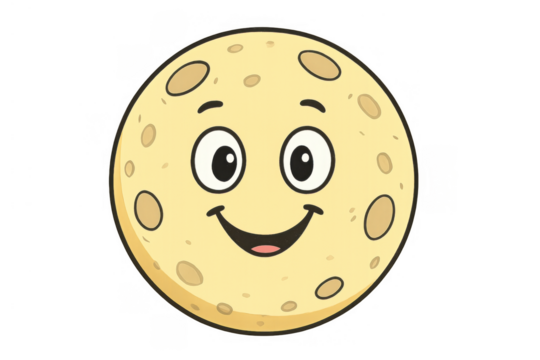 Cheerful cartoon moon vector illustration showing a happy face with a smiling mouth and wide opened eyes