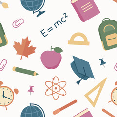 School pattern. Seamless background with backpack, globe, stationery, book and graduation hat. Back to school texture. Education print in flat design. Vector illustration.