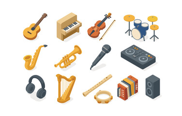 Obraz premium Isometric musical instruments collection featuring guitar, piano, and more