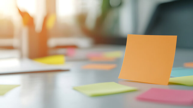 Work desk featuring a composition of sticky notes in various colors and a pencil holder, ideal for brainstorming and planning ideas. A creative workspace concept.