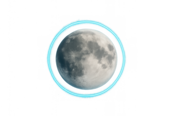 Moon orb floating with a glowing blue neon ring, symbolizing futuristic space, technology, and celestial vision