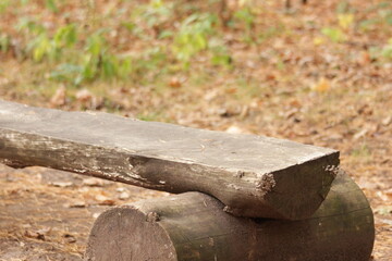 Rustic wooden bench made from logs in a forest with dry leaves on the ground&mdash;great for outdoor design, hiking, eco-tourism, nature reserves, and environmental education.