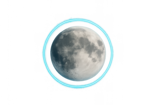 Moon orb floating with a glowing blue neon ring, symbolizing futuristic space, technology, and celestial vision