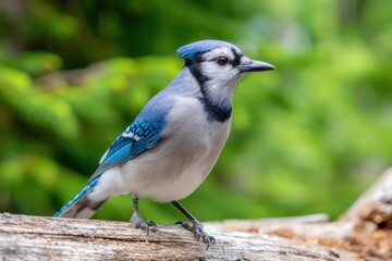 Blue jay perched on a log with blurred green background, showcasing vibrant feathers and natural habitat, ideal for nature photography and wildlife enthusiasts