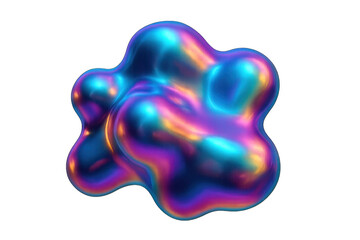 Iridescent liquid chrome blob moving on a transparent background, abstract fluid metallic shape with vibrant colors