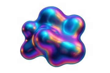 Iridescent liquid chrome blob moving on a transparent background, abstract fluid metallic shape with vibrant colors
