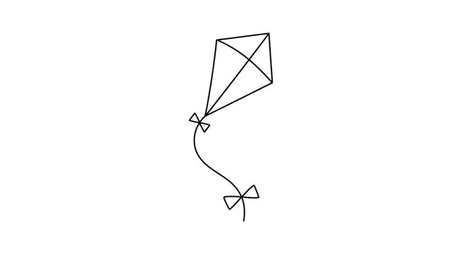 Whimsical hand drawn kite with ribbon soaring against a clean white background, evoking childhood joy and freedom.