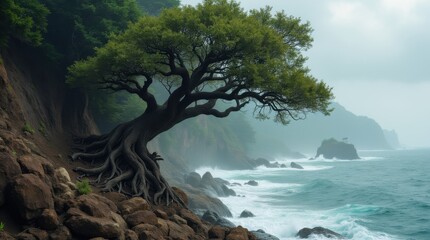 A gnarled, ancient tree with its roots deeply and visibly gripping the rocky cliffside, enduring against stormy seas.
