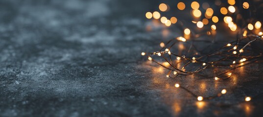 Ultra-Wide Banner with Warm Micro-LED Fairy Lights on Dark Slate Background