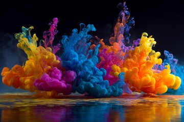 Fototapeta premium Colorful ink in shades of pink, orange, and blue swirls together underwater, creating a vivid abstract pattern full of depth and texture. 