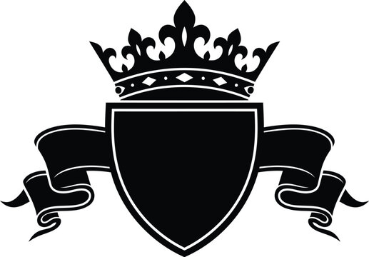 Black crown shield and ribbon isolated on a white background for a luxury emblem template.