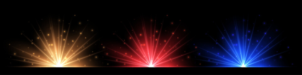 Obraz premium Golden, red, and blue glowing light flares with radiant beams and sparkling particles on black background. Three spotlight bursts. Luminous vector illustration.