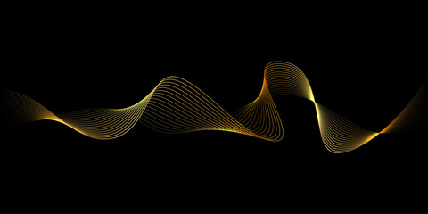 Gold waves background. Golden wavy lines isolated on black. Smooth glowing curves with elegant light gradient effect. Futuristic energy motion concept. Abstract vector illustration. © Mariquita vector
