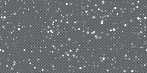 Silver glitter snow overlay on transparent background. Falling sparkle particles create festive shimmer effect for winter decorations, Christmas, New Year themes. Holiday vector illustration.