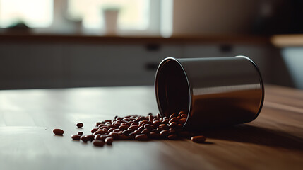 A dark metal can is lying on its side on a wooden countertop, with a scattering of brown beans spilling out. The scene is set in a bright kitchen with a blurry background.