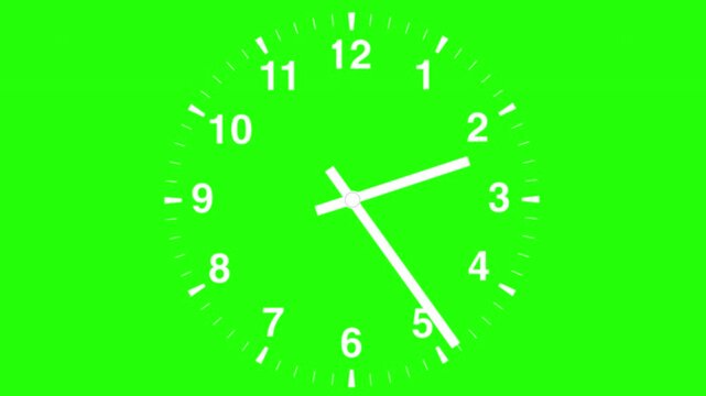 Time-lapse shot of a wall clock's hands rotating for a full 12 hours against a green screen. The clock face and hands are white.