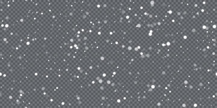 Silver glitter snow overlay on transparent background. Falling sparkle particles create festive shimmer effect for winter decorations, Christmas, New Year themes. Holiday vector illustration.