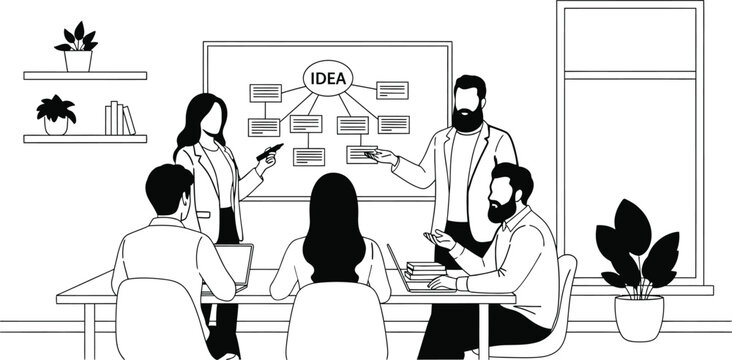 People collaborate on an idea in a modern office meeting illustrated in black and white lines.