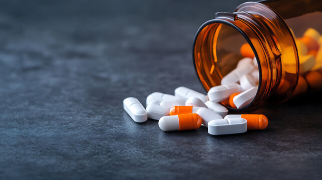 An amber pill bottle lays on its side, spilling white and orange capsules and caplets onto a dark surface, representing healthcare, medication, and wellness for pharmaceutical needs.