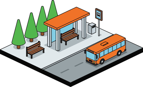 Modern isometric bus stop with waiting passengers and approaching bus