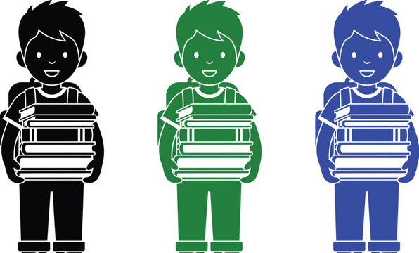 Joyful child with backpack carrying a stack of books, ready for learning and education