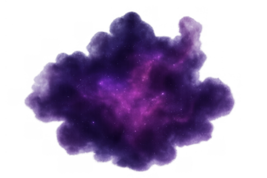 Cosmic nebula forming purple and pink galactic cloud, displaying shimmering stars and vibrant universe colors, on transparent background