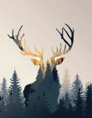 Fotobehang Hipster Dieren Majestic deer silhouette with forest trees, wildlife and nature concept art  © Monjurul