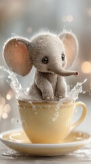 A charming baby elephant enjoying a bath in a teacup. The little elephant is adorable and the scene is playful. 