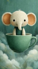 A cute elephant relaxing in a tea cup. The scene is dreamy, cute and inviting 