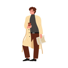 Isolated stylish French man holding coffee and newspaper, wearing fashionable coat on white background vector illustration