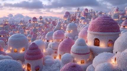 A fantasy village of unique, charming structures, bathed in soft, inviting light