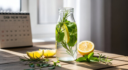 Glass bottle with lemon water and green herbs on a bright surface, symbol of detox, freshness and healthy lifestyle, concept of wellness and new year health routine, clean natural composition