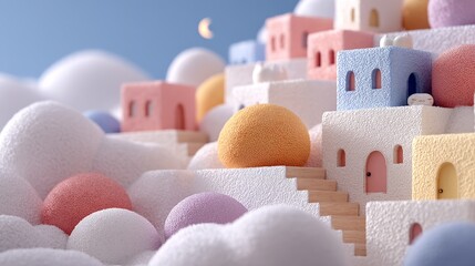 A whimsical, colorful village atop soft clouds under a serene sky with the moon. The village has stairs that lead to pastel-colored homes. A calming scene