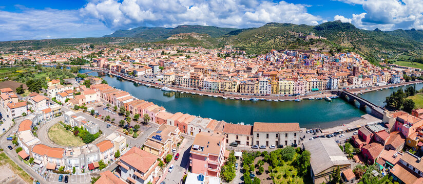 Views of Bosa town from and Temo river, Sardinia