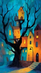 Magical Treehouses under the Night Sky: A charming artwork featuring treehouses and an enchanting atmosphere