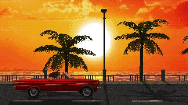 A red convertible driving against a backdrop of sea and palm trees in the evening in 8-bit graphics. Pixel background sunset over the sea. Retro game animation in the style of the 80s and 90s.