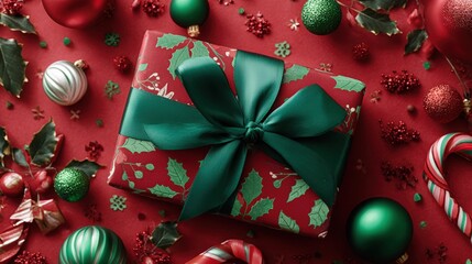 Festive Christmas Gift with Holly Print and Green Bow on Red Background
