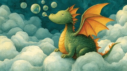 A charming cartoon dragon blowing bubbles, seated on a cloud