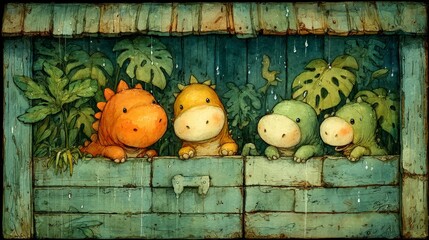 Five adorable cartoon dinosaurs looking through the fence 