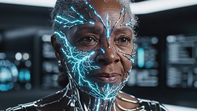 Close up of a person with glowing blue energy patterns on the face futuristic science fiction visual
