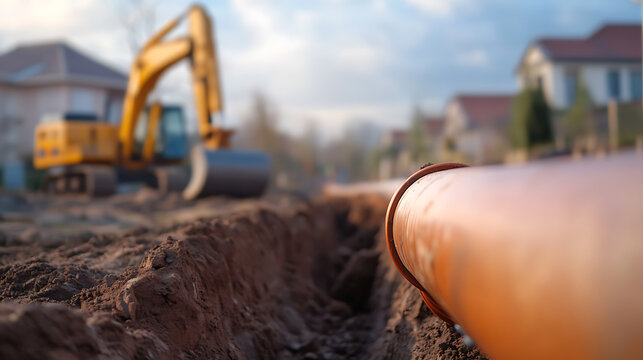 Infrastructure upgrade project underway: Heavy machinery excavating a trench for pipeline installation, ensuring essential services for residential areas in the distance.