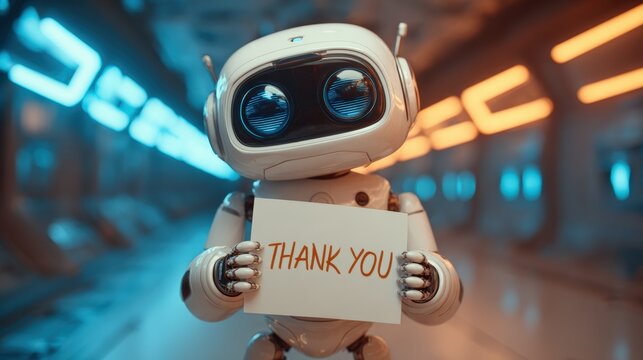 Futuristic Android Holding Thank You Card in Glowing Sci-Fi Corridor