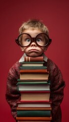 Humorous Child Portrait with Oversized Glasses and Books on Red Background