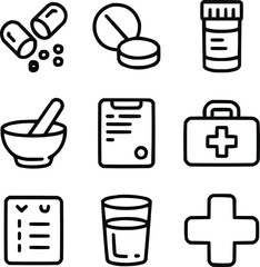 Healthcare Pill and Capsule Line Icon Collection Medical Treatment and Pharmacy Supplies